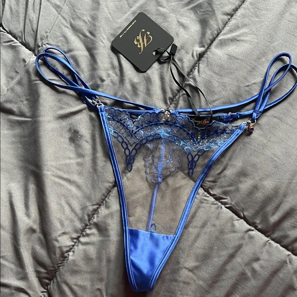 Honey Birdette Romy Blue Lace Mesh G String - Picture 1 of 5